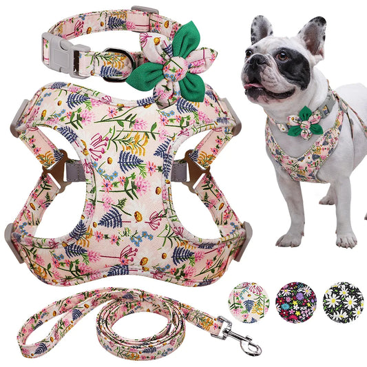 French Bulldog Harness Leash And Collar Set Printed No Pull Dog Harness Vest Leash Collar Set