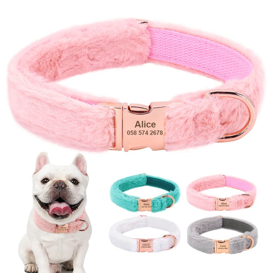 Soft Personalized Dog Collar Winter Warm Fur Customized Pet ID Tag Collars