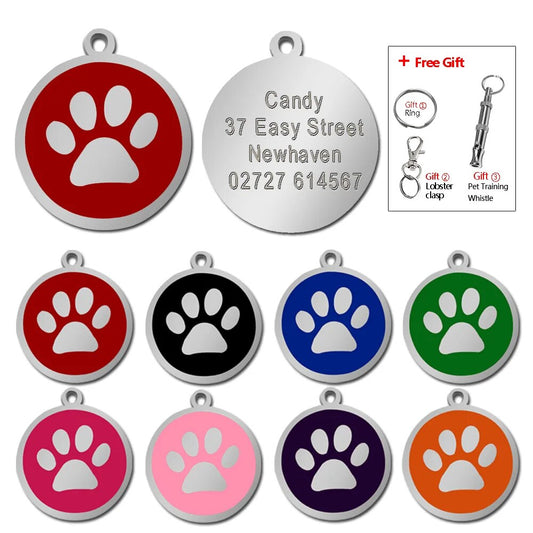 Customized Dog ID Tag Pet Personalized Tags Engraved Round Paw Pet Nameplate Pendant