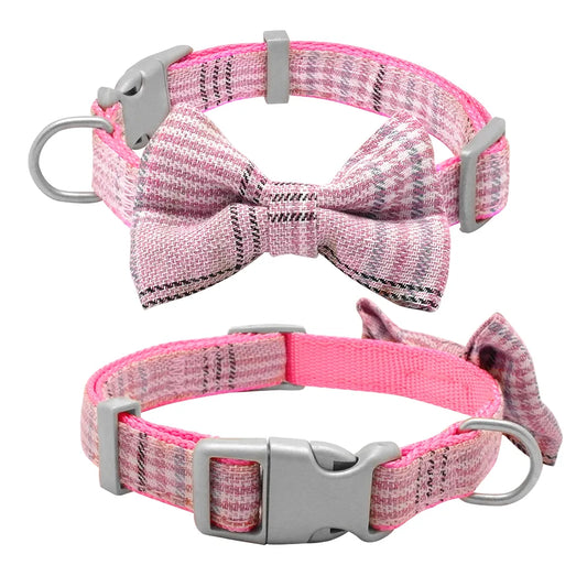 Nylon Dog Collar And Leash Set Adjustable Dog Collar With Cute Plaid Bow Tie