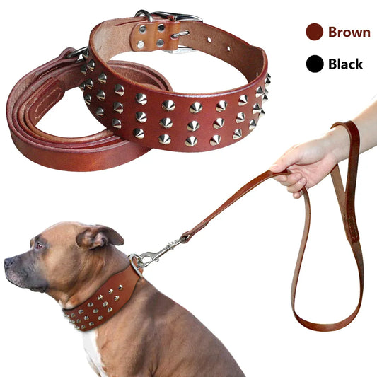 Cool Studded Genuine Leather Pet Dog Collars Leash Set