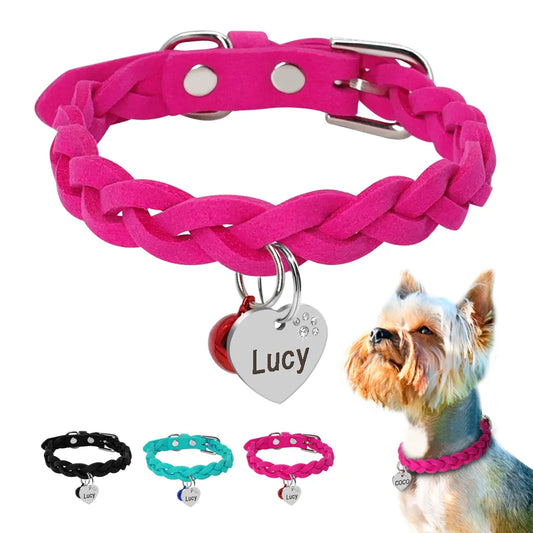 Suede Leather Personalized Dog Cat Collar Free Engraving Puppy Kitten Bell Collars