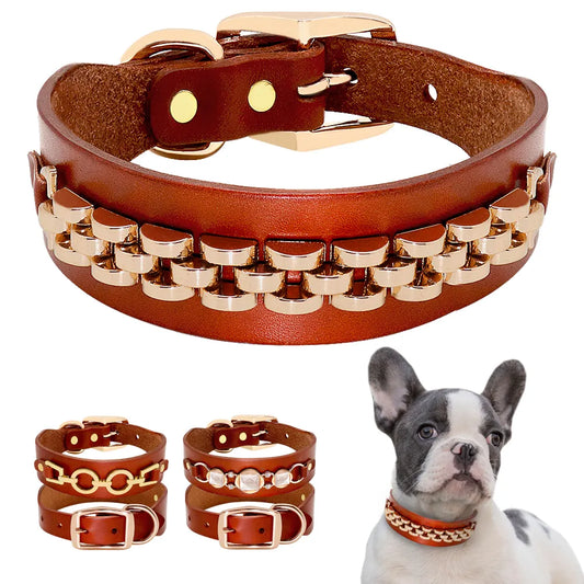 Fashion Leather Dog Collar French Bulldog Rhinestone Pet Collar