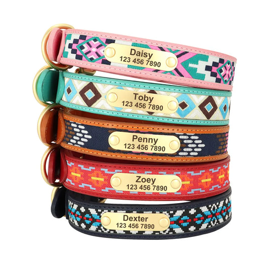 Ethnic Embroidery Personalized Dog Collar Handmade Leather Dog Cat Necklace