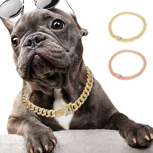 Rhinestone Gold Dog Chain Collar Strong Metal Dog Choke Collars