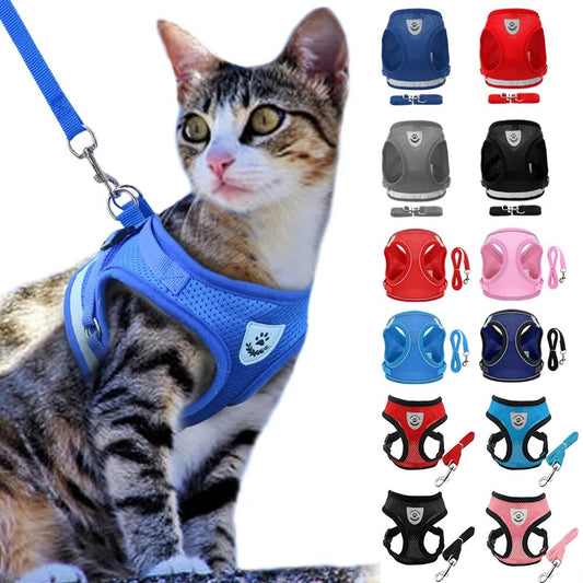 Adjustable Nylon Mesh Cat Dog Harness Vest Pet Walking Leash Set