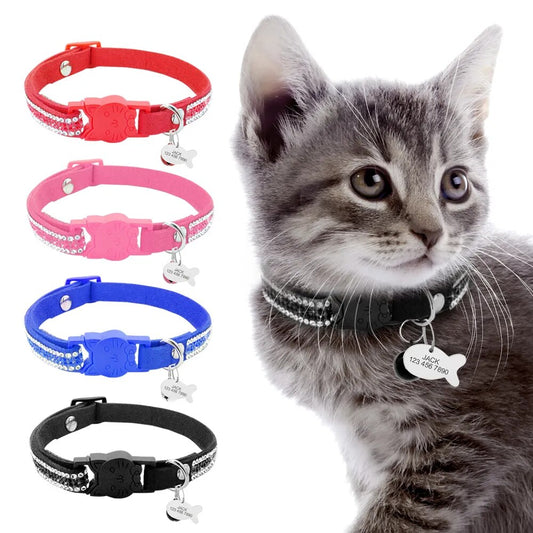 Personalized Bling Diamante Rhinestone Small Cat Dog Collars Engrave Cute ID Name