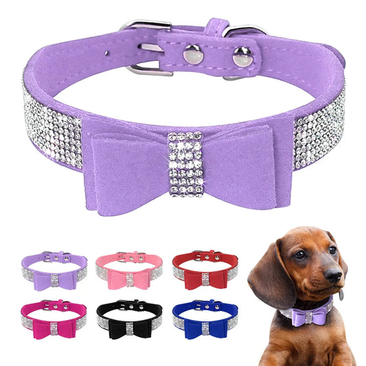 Small Medium Bling Rhinestone Suede Leather Bowknot Accessories Dog Collar