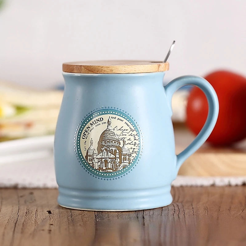 Matt Retro Architectural Beer Cup Creative Water Bottom with Lid Spoon Ceramic Mug