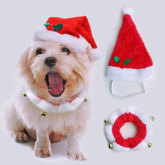 Christmas Dog Cat Hat Scarf Set Pet Accessories Collar For Small Dogs
