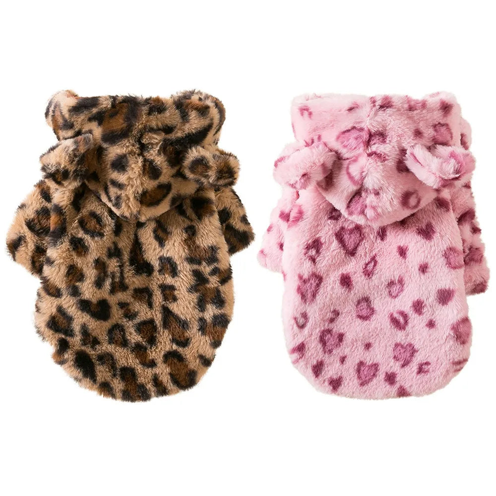 Pink Fleece Warm Dog Clothes for Dogs Pet Sweater Winter Leopard Print French Bulldog Soft Coat