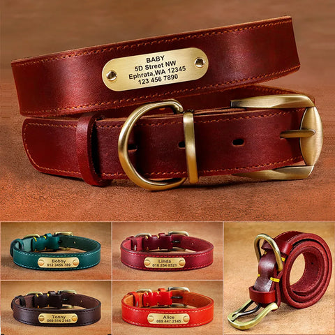 Custom Dog Collar Leather Dog Tag Collars Engraved Pet ID Tag Collars