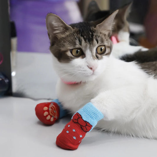 4pcs/Set Cute Warm Dog Cat Shoes Anti-Slip Knit Socks Pink Pet Puppy Kitten Shoes