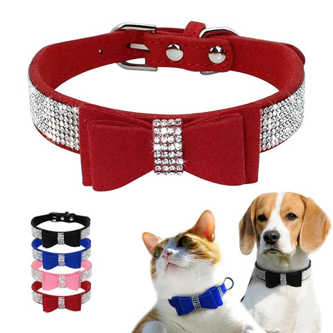 Bling Rhinestone Puppy Cat Collars Adjustable Leather Bowknot Kitten Collar