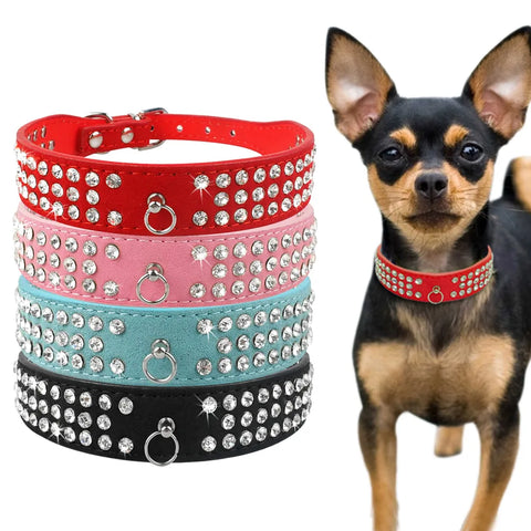 3 Rows Bling Diamond Rhinestone Suede Leather Pet Dog Collars