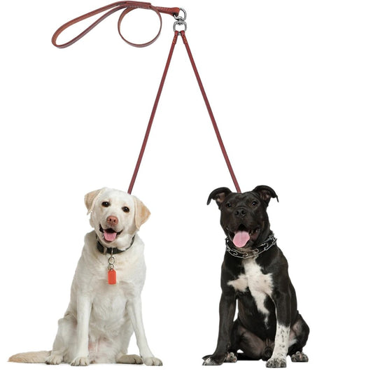 2 Way Real Leather Coupler Dog Walking Leash Dual No Tangle Lead