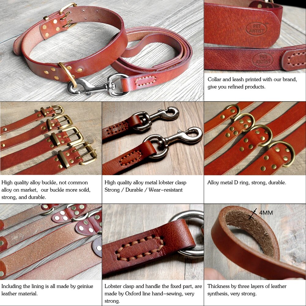 Real Leather Pet Dog Collar Leash Set For Medium Large Dog Breed Genuine Leather Collar