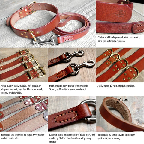 Real Leather Pet Dog Collar Leash Set For Medium Large Dog Breed Genuine Leather Collar