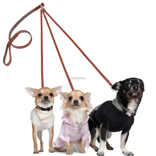 Three Way No Tangle Puppy Dog Leash Coupler Leather Triple Dog Leash