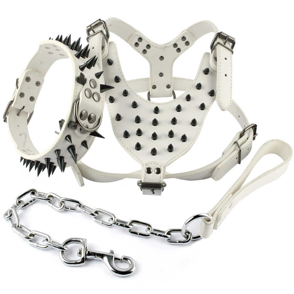 Cool Spiked Studded Leather Dog Harness Rivets Collar and Leash Set