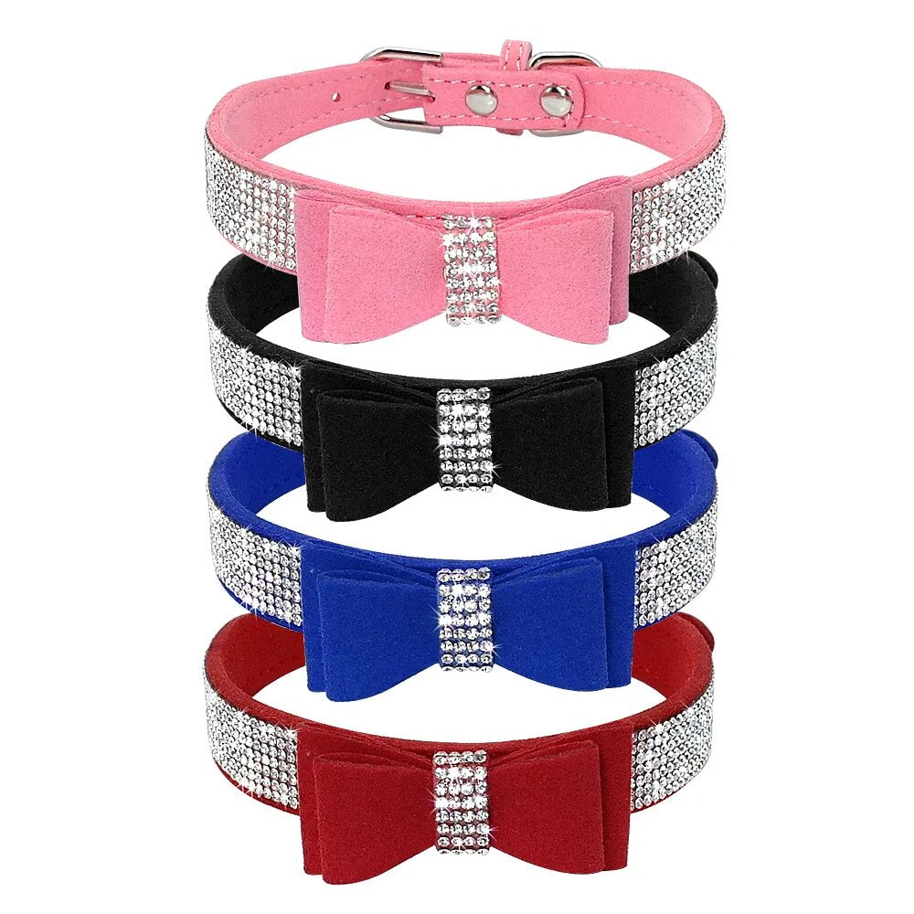 Bling Bowknot Suede Leather Rhinestone Dog Collar and Leash Set