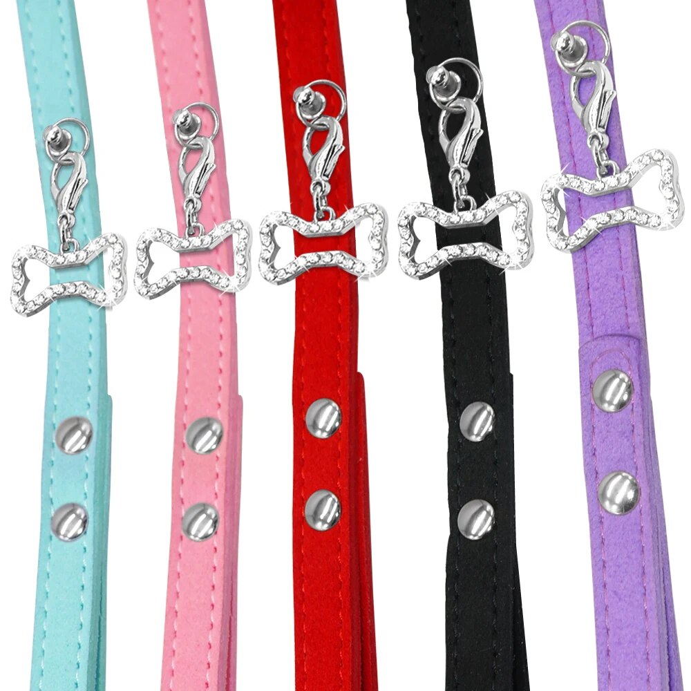 Soft Suede Leather Pet Dog Leash Cats Dogs Walking Lead Rope With Bling Rhinestone Bone Pendant