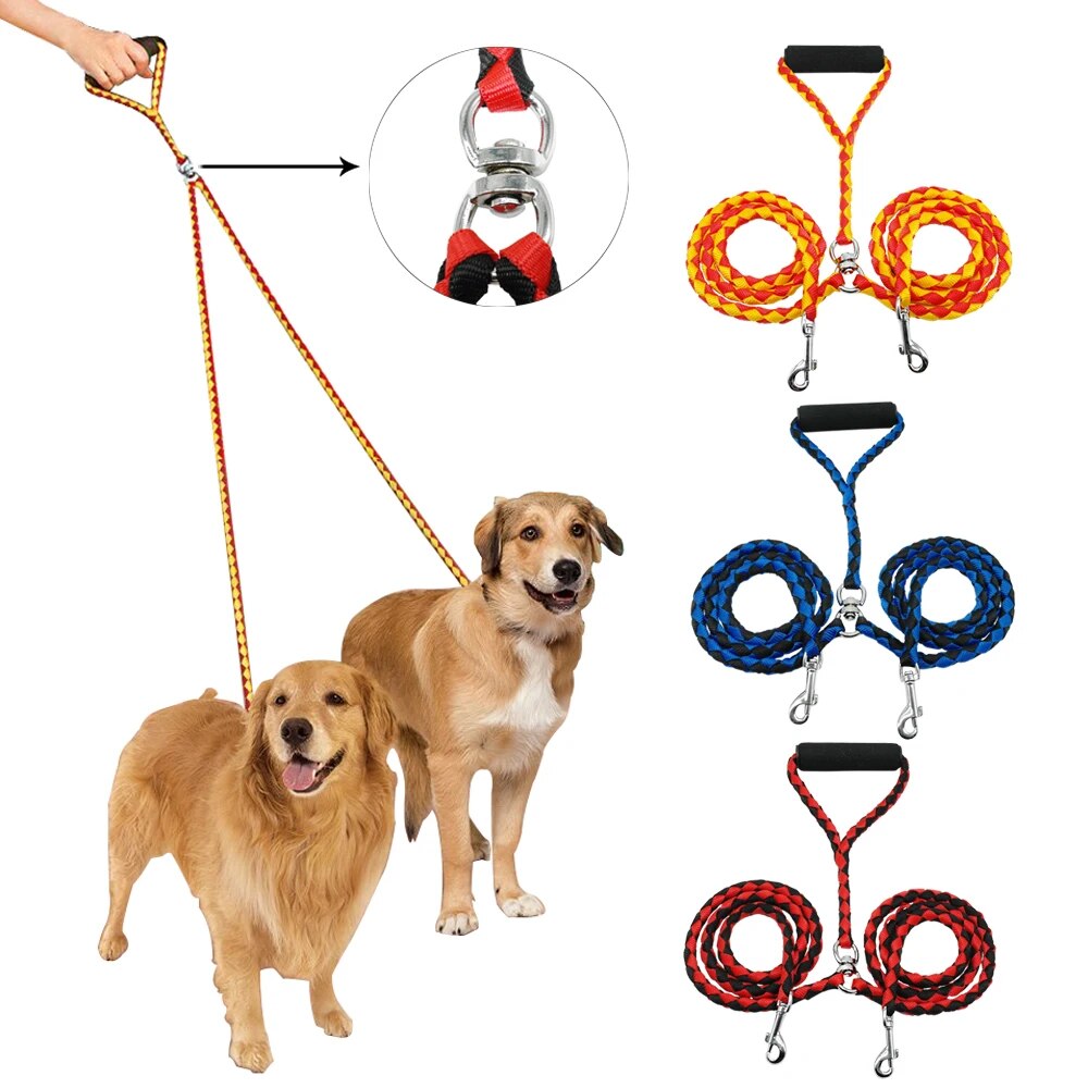 2 Way Nylon Dual Dog Leash Double Lead Rope No-Tangle Durable Walking Leashes Strong