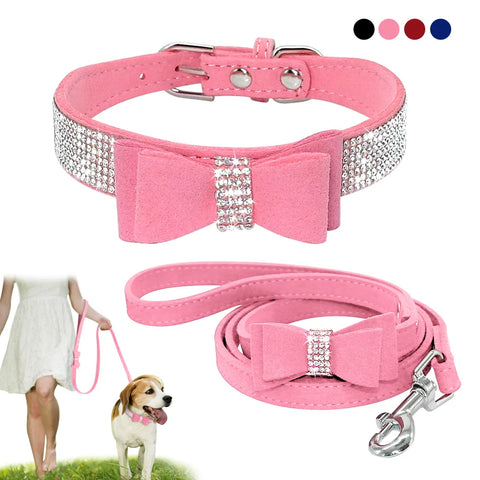 Bling Bowknot Suede Leather Rhinestone Dog Collar and Leash Set