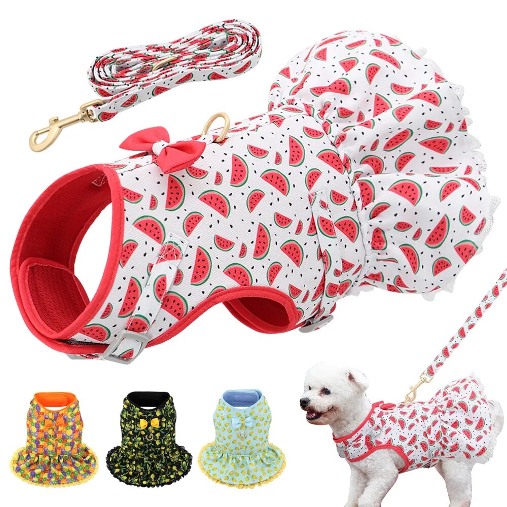 Cute Printed Chihuahua Dog Cat Harness Leash Set Summer Pets Puppy Clothes Dress Small Dog Vest