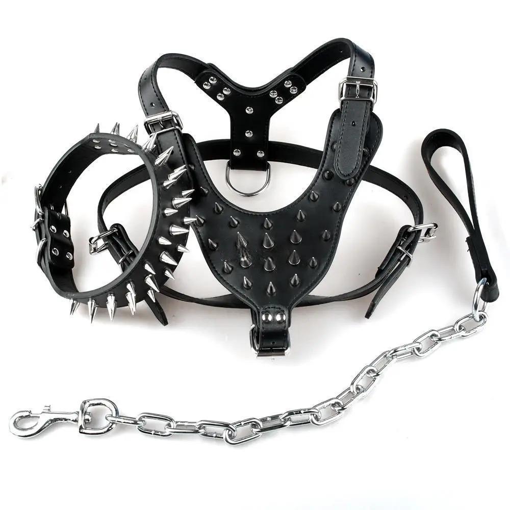Cool Spiked Studded Leather Dog Harness Rivets Collar and Leash Set
