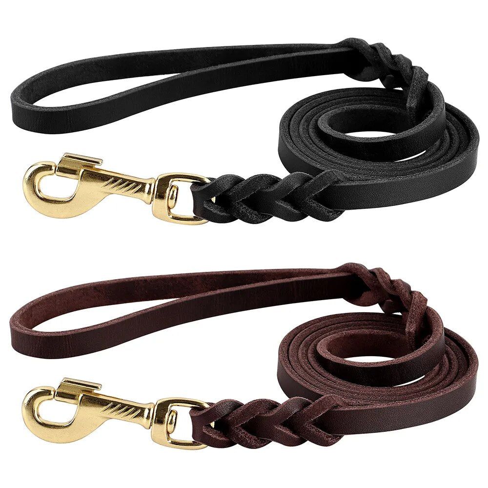 Real Leather Dog Collar Leash Set Adjustable Pet Leather Collars