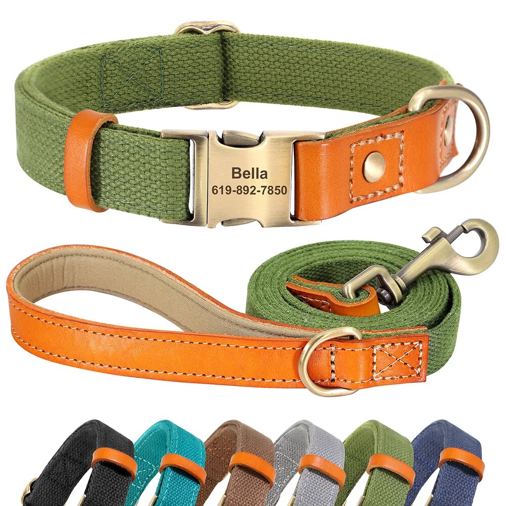 Nylon Custom Dog Collar Leash Set Personalized Genuine Leather Pet Accessories Collars