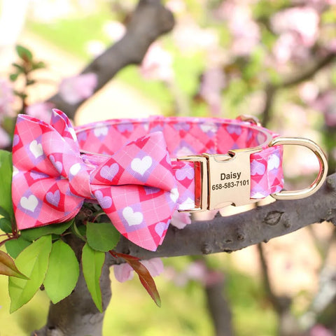 Personalized Dog Collar Printed Girl Dog Collars With Flower Bowtie Free Engraved