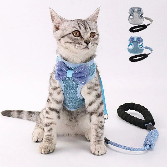 Cute Small Cat Dog Harness Leash Set Bowknot Accessories Nylon Adjustable Mesh Kitten Puppy Harness