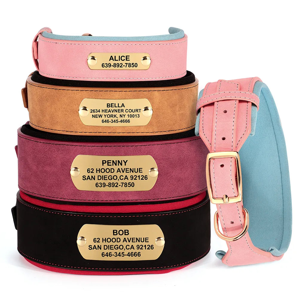 Customized Engraved Dog Collar Wide Leather Dog Collar Large Soft Padded Pet Dog Collars