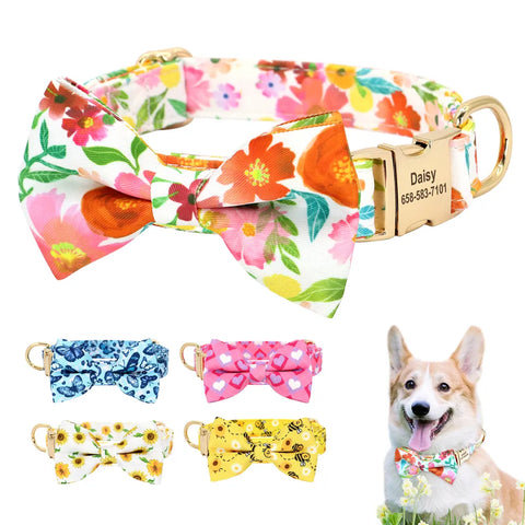 Personalized Dog Collar Printed Girl Dog Collars With Flower Bowtie Free Engraved