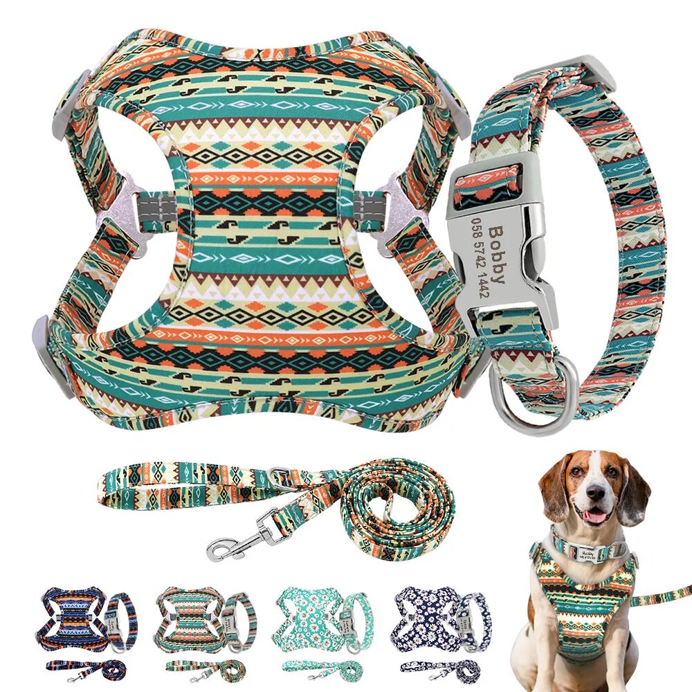 3pcs/lot Dog Collar Leash Harness Set Personalized Dog ID Collars