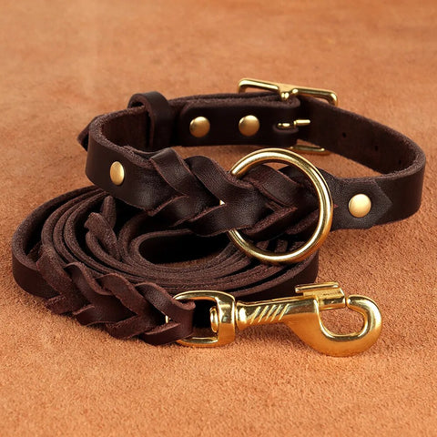 Real Leather Dog Collar Leash Set Adjustable Pet Leather Collars