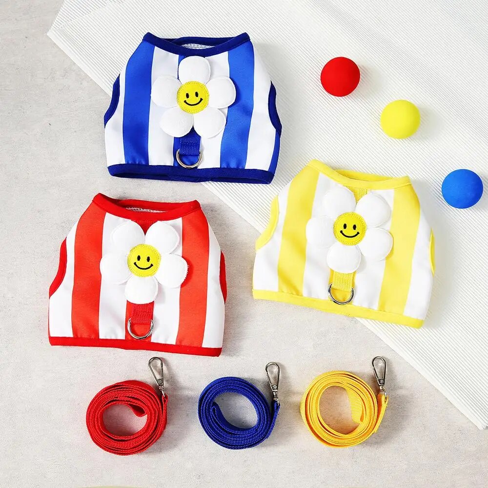 Striped Puppy Dog Harness and Leash With Cute Sun Flower Mesh Summer Vest Clothes