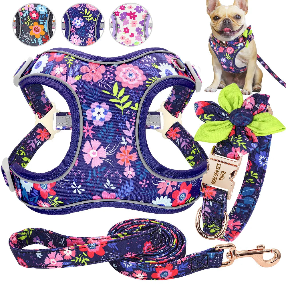 3pcs/lot Personalized Dog Collar Harness Leash Set Printed Customized Dog Collar