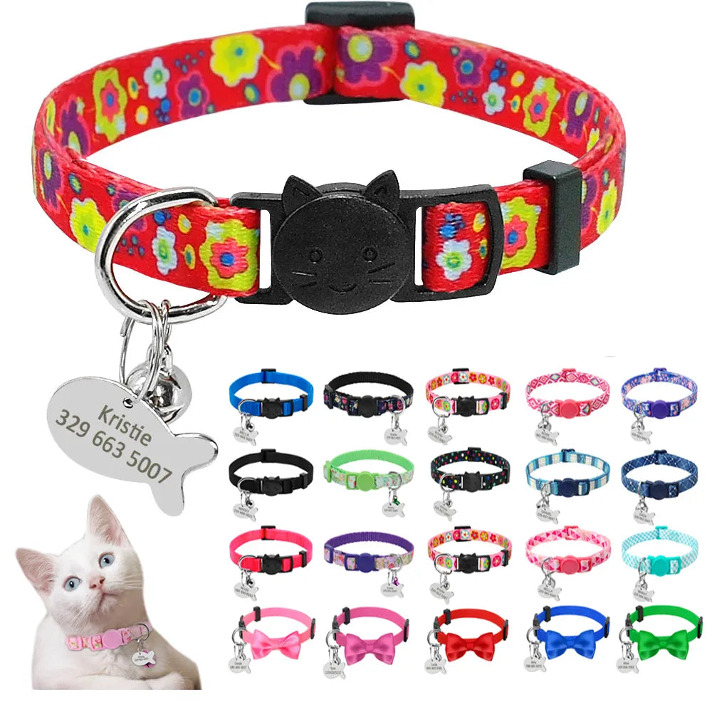 Nylon Adjustable Engraved Cat Collar Cute Personalized ID Tag Kitten Puppy Accessories Collars