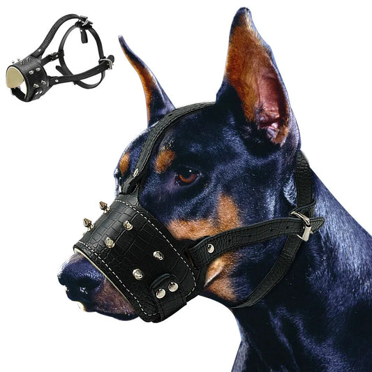 Leather Dog Muzzle for Medium Large Dogs Pitbull Adjustable Spiked Anti Barking Muzzles