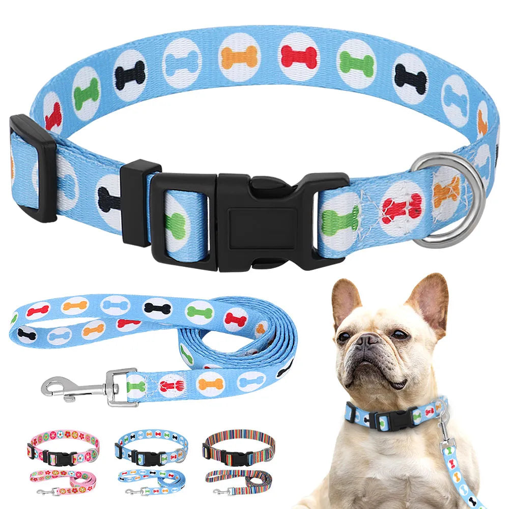 Cute Puppy Dog Collar and Leash Set Adjustable Dogs Cats Printed Collar