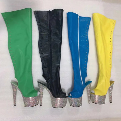 17 cm heels with shiny diamond soles, test zipper openings over-the-knee boots