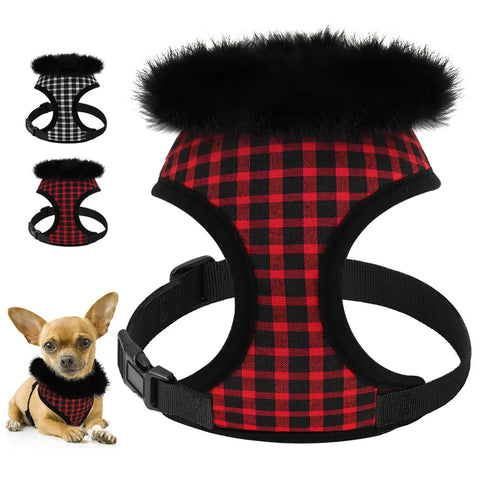 Soft Warm Pet Dog Cat Harness With Removable Fur Breathable Plaid Dog Harness Vest